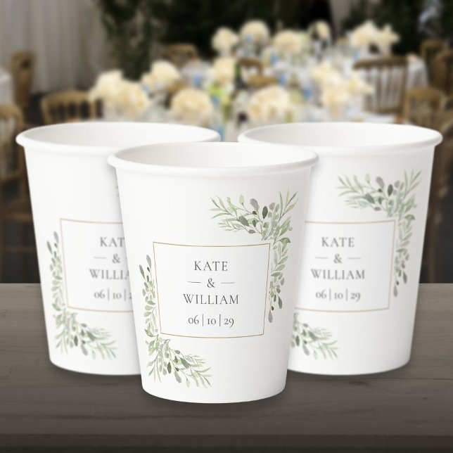 Gobelets En Papier Élégant Mariage de feuillage de verdure (Elegant Greenery Foliage Wedding Paper Cups)