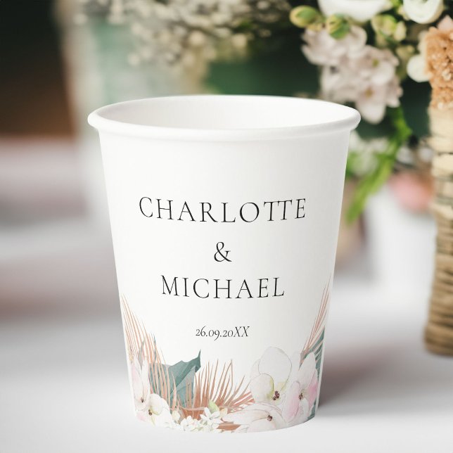 Gobelets En Papier Élégant Mariage moderne de Pampasgras (Elegant Modern Pampasgras Flowers Wedding Paper Cups with your name and dates.)