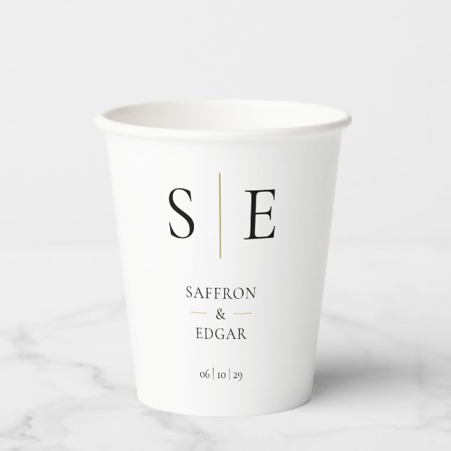 Gobelets En Papier Élégant Monogramme Mariage noir et or (Recto)