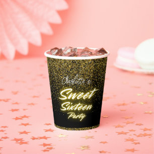 Gobelets En Papier Elégant néon or noir rétro Sweet 16e anniversaire