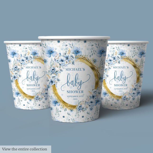 Gobelets En Papier Elégant pastel bleu fleurs or garçon baby shower (Elegant pastel blue flowers gold boy baby shower Paper Cups)