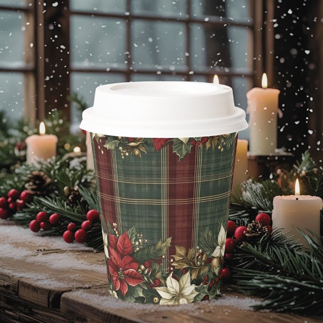 Gobelets En Papier Élégant Plaid & Poinsettias Noël (Créateur téléchargé)