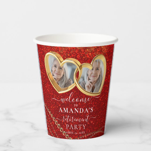 Gobelets En Papier Elégant Red Gold Hearts Custom Photo Retraite (Verso)