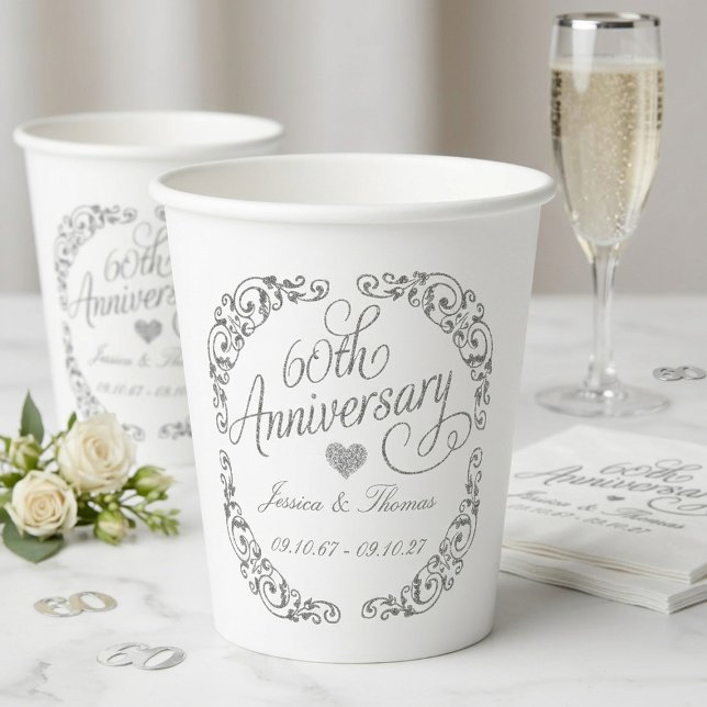 Gobelets En Papier Elegant Script 60th Diamond Wedding Anniversary (Créateur téléchargé)