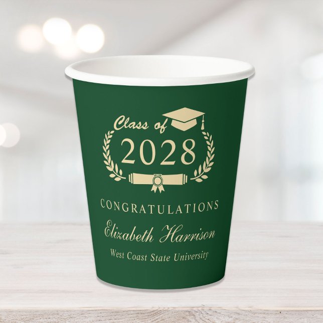 Gobelets En Papier Élégant Script Green Gold Graduation Party (Créateur téléchargé)