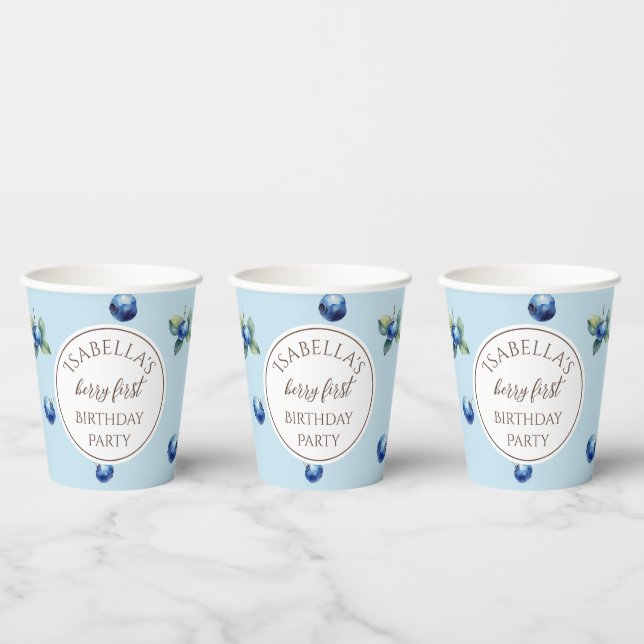Gobelets En Papier Elégante aquarelle Bleu Berry Premier anniversaire (Multi)