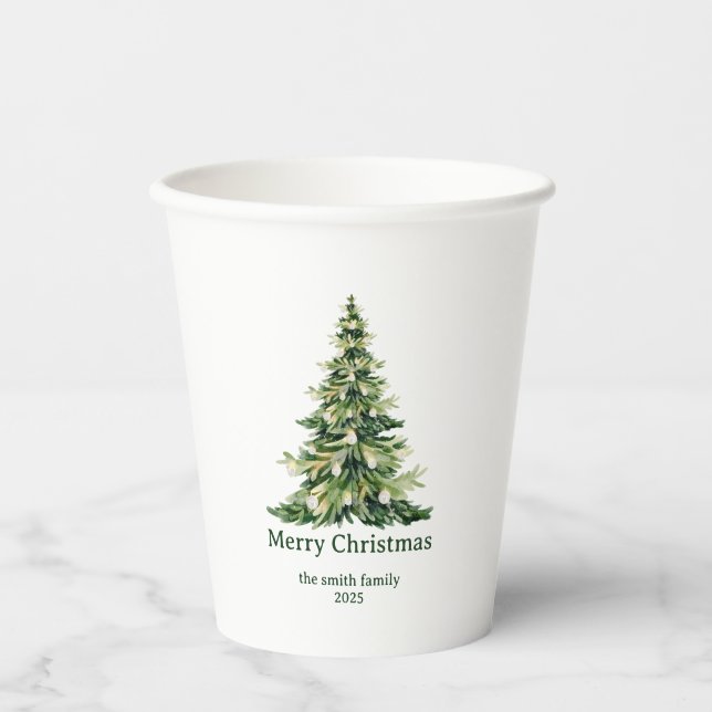 Gobelets En Papier Elégante aquarelle Joyeux sapin de Noël non photo (Recto)