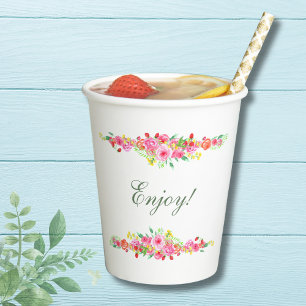 Gobelets En Papier Élégante Fête de Mariage Rose Fruité avec Pivoine