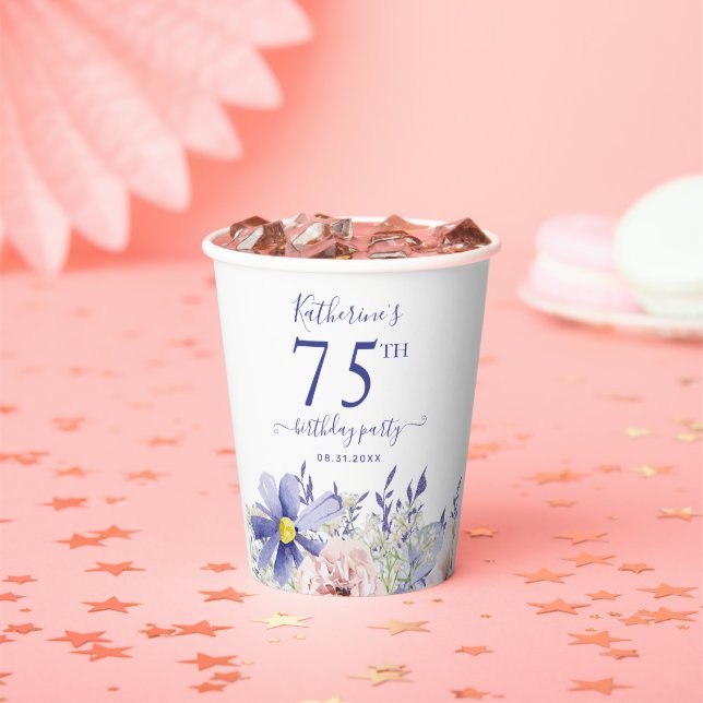 Gobelets En Papier Élégante fête du 75e anniversaire rose violet (Insitu)