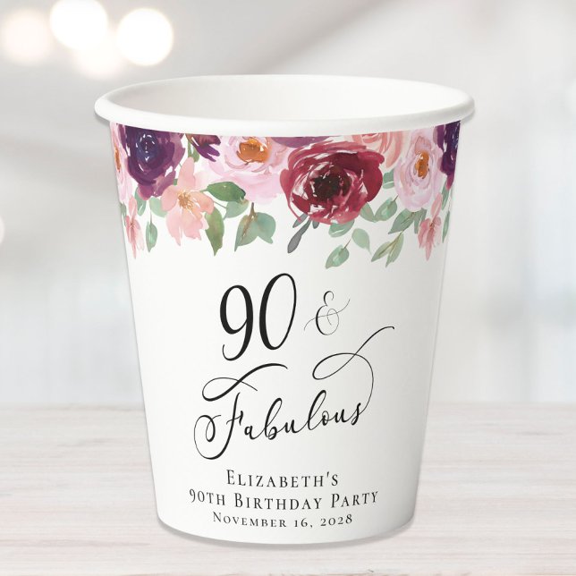 Gobelets En Papier Elégante fête florale 90e anniversaire (Créateur téléchargé)