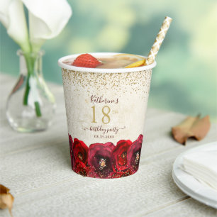 Gobelets En Papier Elégante Rose rouge Floral Or 18ème anniversaire f