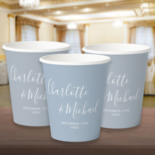 Gobelets En Papier Élégante signature de mariage bleu poussiéreux