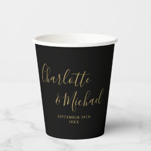 Gobelets En Papier Élégante signature de mariage noir et or