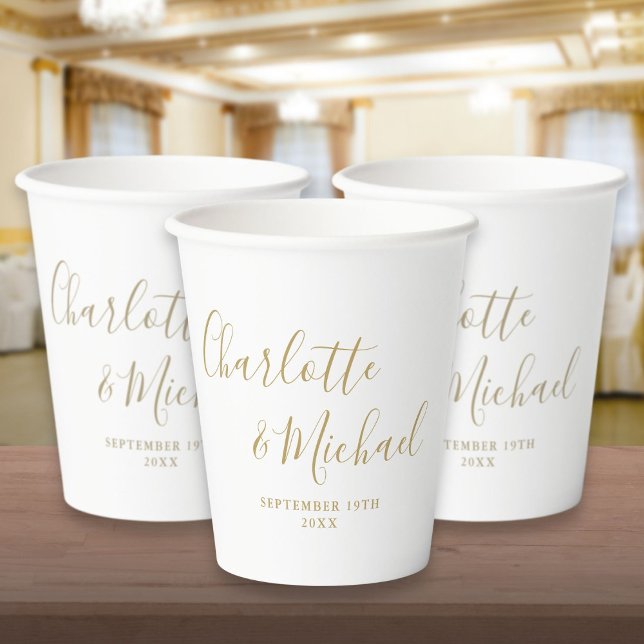 Gobelets En Papier Élégante Signature Script Or Mariage (Elegant Signature Script Gold Wedding Paper Cups)
