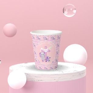 Gobelets En Papier Éléphant bébé rose avec colombe et baptême à la cr