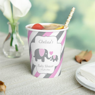Gobelets En Papier Éléphant de bébé rayures roses et grises Baby Sh