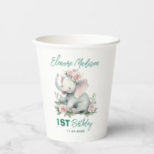 Gobelets En Papier Éléphant Floral Mignon Anniversaire