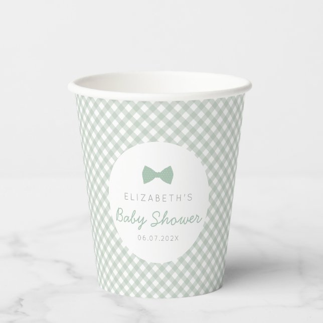 Gobelets En Papier en vichy sage cravate arc vert mignon baby shower (Recto)