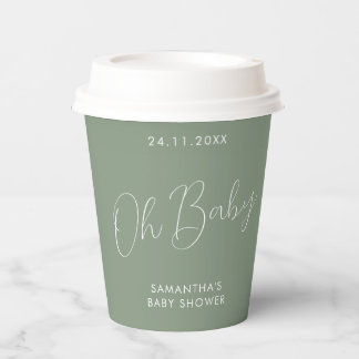 Gobelets En Papier Enseigne Minimaliste Vert Sauge Oh Baby Shower