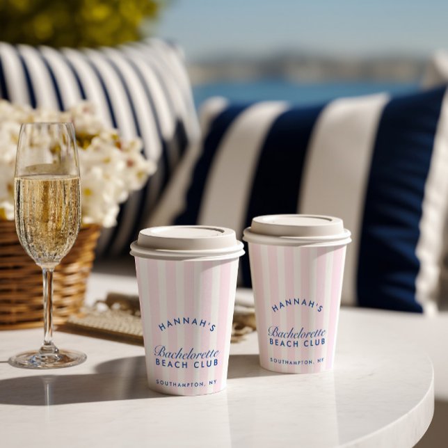 Gobelets En Papier Enterrement de vie de jeune fille Rétro Marine et  (Bachelorette Retro Navy & Pink Stripes Paper Cups)