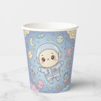 Gobelets En Papier Espace Kawaii Mignon - Astronaute et Lune Souriant