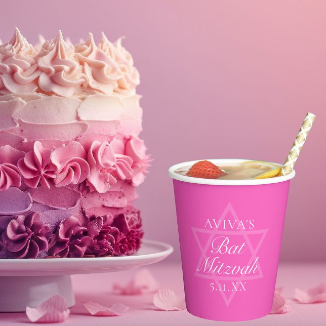 Gobelets En Papier Étoile de David du Parti Bat mitzvah rose chaud (Créateur téléchargé)