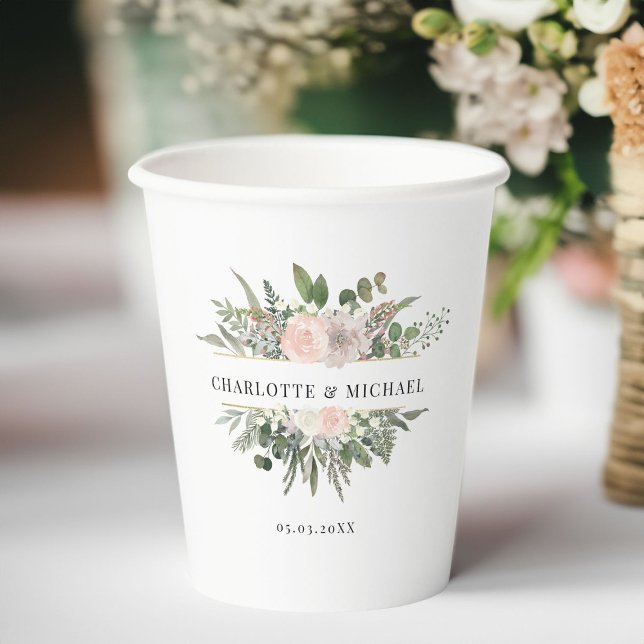 Gobelets En Papier Eucalyptus, fleurs mariage tasse de papier (Eucalyptus, flowers, wedding, white paper cup with your name and date.)