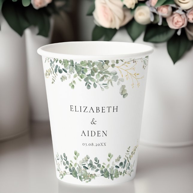 Gobelets En Papier Eucalyptus Mariage écriture manuscrite Mariage de  (Eucalyptus Wedding Handwriting Script Wedding Paper Cups with your names and date.)