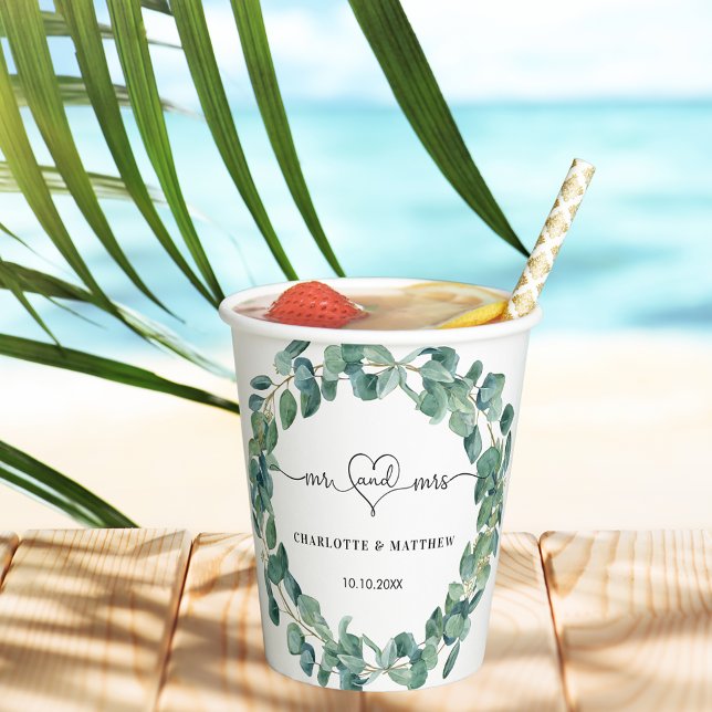 Gobelets En Papier Eucalyptus verdure m mme coeur mariage (Créateur téléchargé)