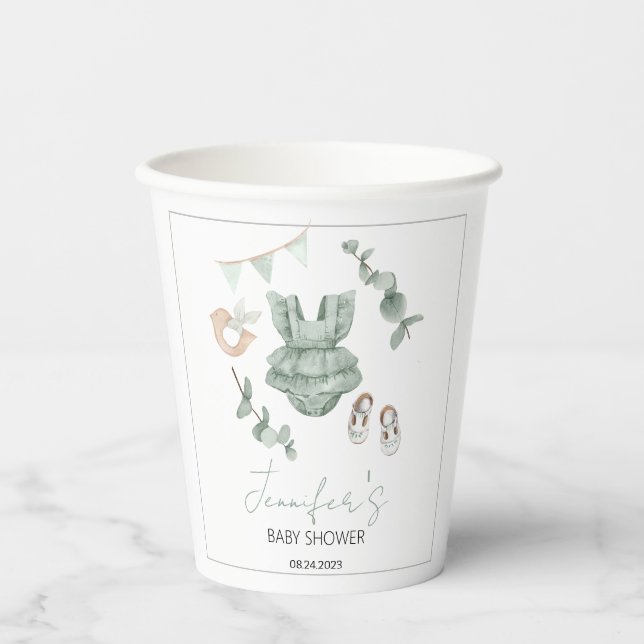 Gobelets En Papier Eucalyptus vert boho fille baby shower tasse de pa (Recto)