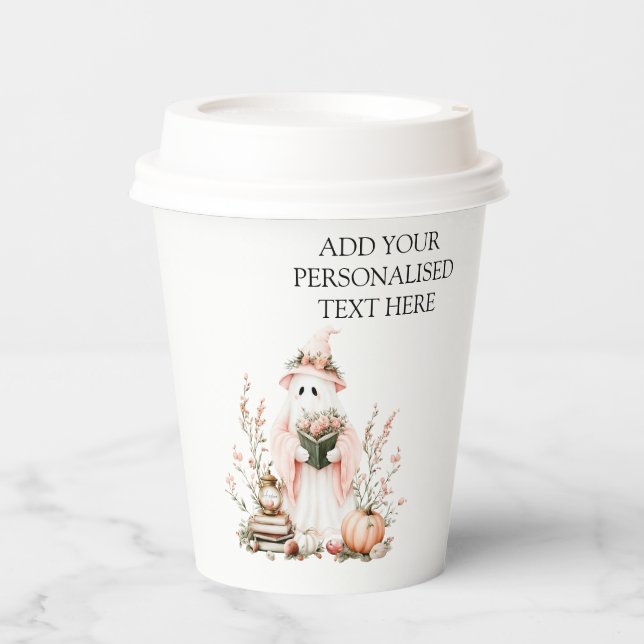 Gobelets En Papier Fantôme floral rose mignon avec Halloween Citrouil (Recto)