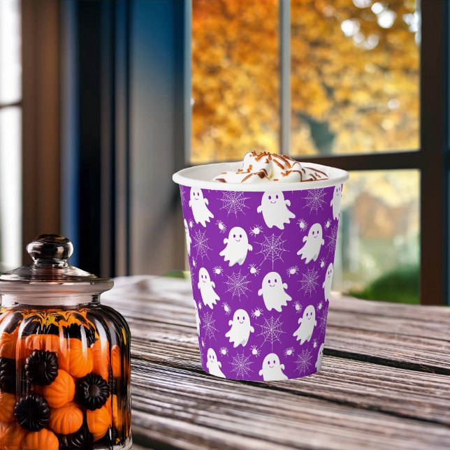 Gobelets En Papier Fantômes mignons | Araignées | Spider Webs Hallowe (Cute Ghosts, Spiders and Spider Webs Halloween Purple and White Patterned Paper Cups)