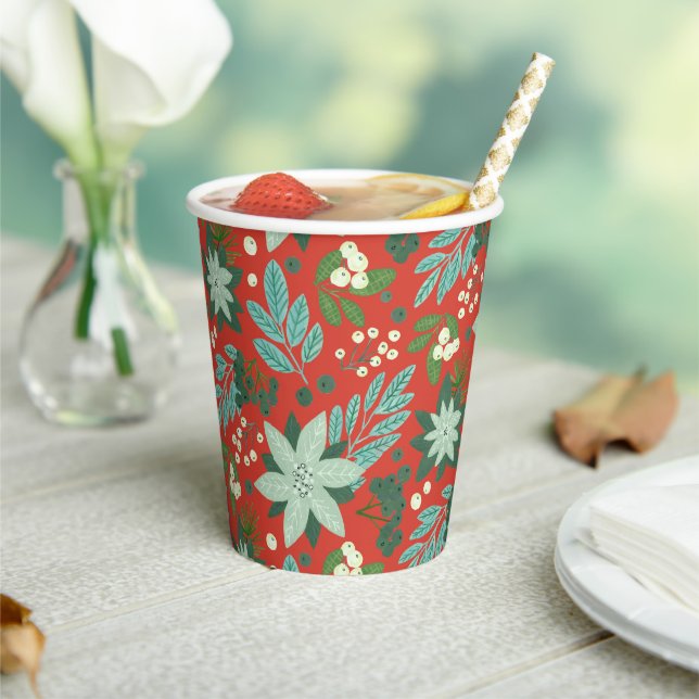 Gobelets En Papier Festive Rouge Floral Motif de Noël (Insitu)