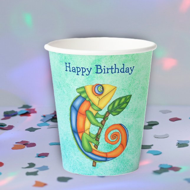 Gobelets En Papier Fête Anniversaire Lizard Couleurs Lumineuses Feuil (Festive fantasy lizard bright colours on kids Birthday party paper drink cups.)