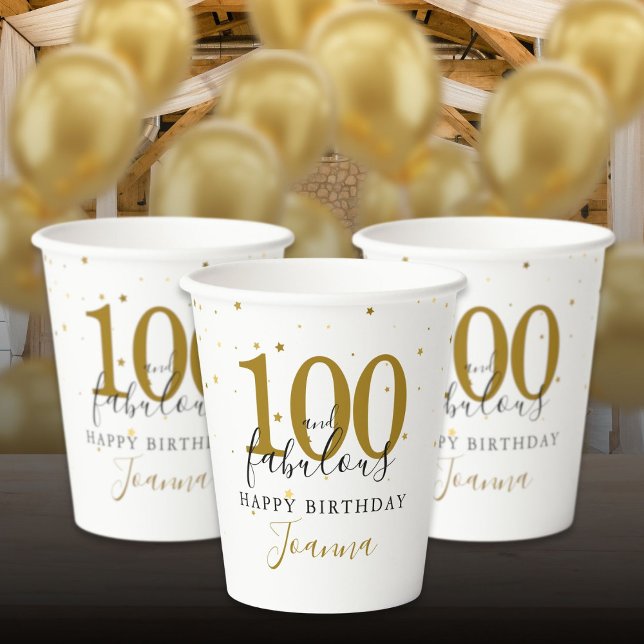 Gobelets En Papier Fête d'anniversaire 100 et Fabuleux Or Noir (100 and Fabulous Gold Black Birthday Party Paper Cups)