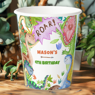 Gobelets En Papier Fête d'anniversaire 4 ans de garçon dinosaure