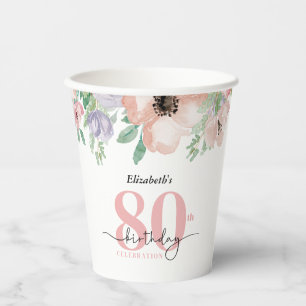 Gobelets En Papier Fête d'anniversaire 80 ans Floral Pastel Élégant