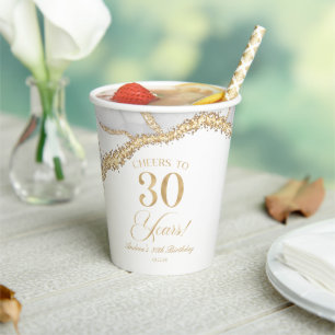 Gobelets En Papier Fête d'anniversaire de 30 ans en agate or blanc él