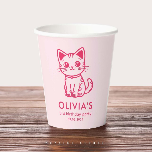 Gobelets En Papier Fête d'anniversaire de fille avec chaton de couleu (Créateur téléchargé)