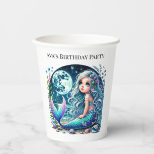 Gobelets En Papier Fête d'anniversaire de fille sirène lunatique