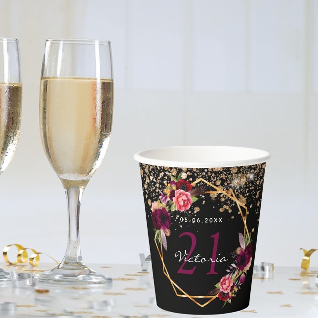 Gobelets En Papier Fête d'anniversaire flores d'or noir parties scint (Créateur téléchargé)
