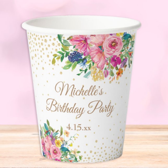 Gobelets En Papier Fête d'anniversaire rose bleu jaune (Pink and yellow watercolor floral and glitter on white birthday party paper cup)