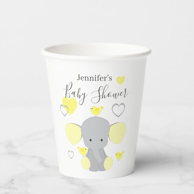 Gobelets En Papier Fête de Baby shower fille éléphant jaune (Recto)