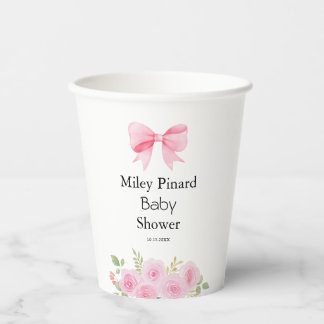Gobelets En Papier Fête de Bébé Fleurs avec Ruban Rose