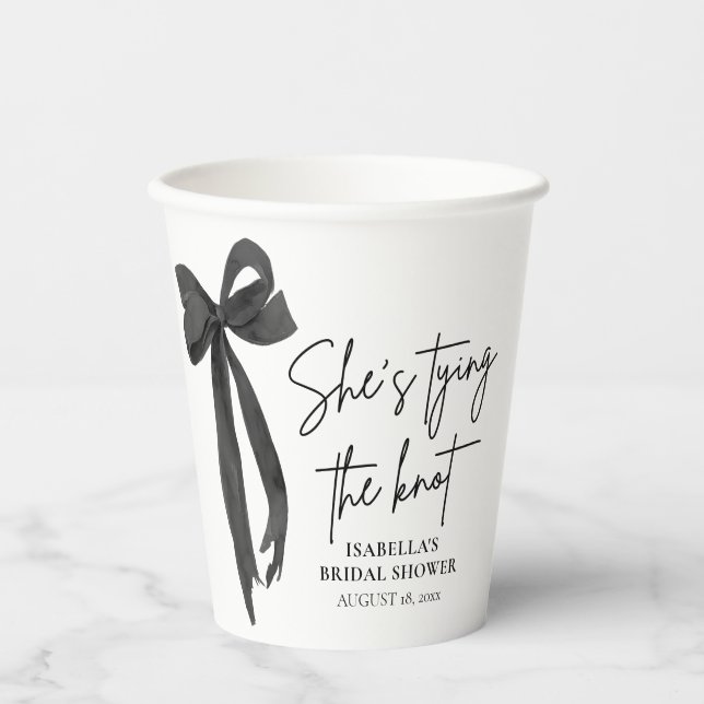 Gobelets En Papier Fête de Fiançailles Black Bow Elle Noue le Nœud (Recto)