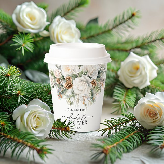 Gobelets En Papier Fête de mariage floral hivernal élégant avec feuil (Créateur téléchargé)