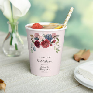 Gobelets En Papier Fête de Mariage Moderne Floral Burgundy Blush
