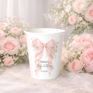 Gobelets En Papier Fête de naissance florale élégante rose pâle ruban