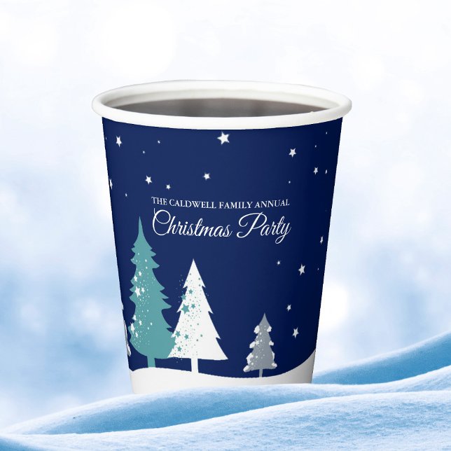 Gobelets En Papier Fête de Noël personnalisée Arbres d'hiver bleu (Créateur téléchargé)
