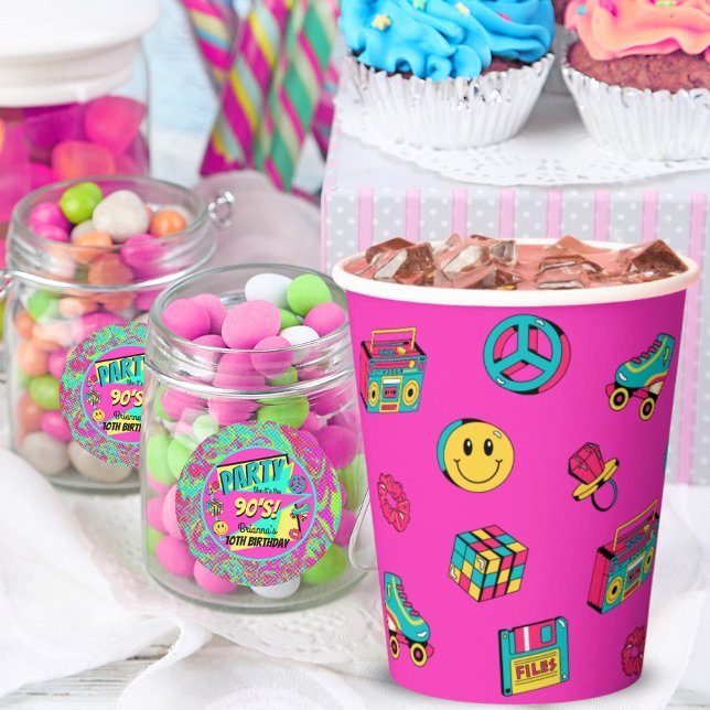 Gobelets En Papier fête des années 90 rose turquoise jaune mignon mot (Créateur téléchargé)
